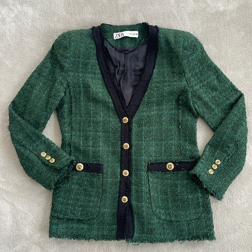 Zara green tweed blazer with gold buttons, size S